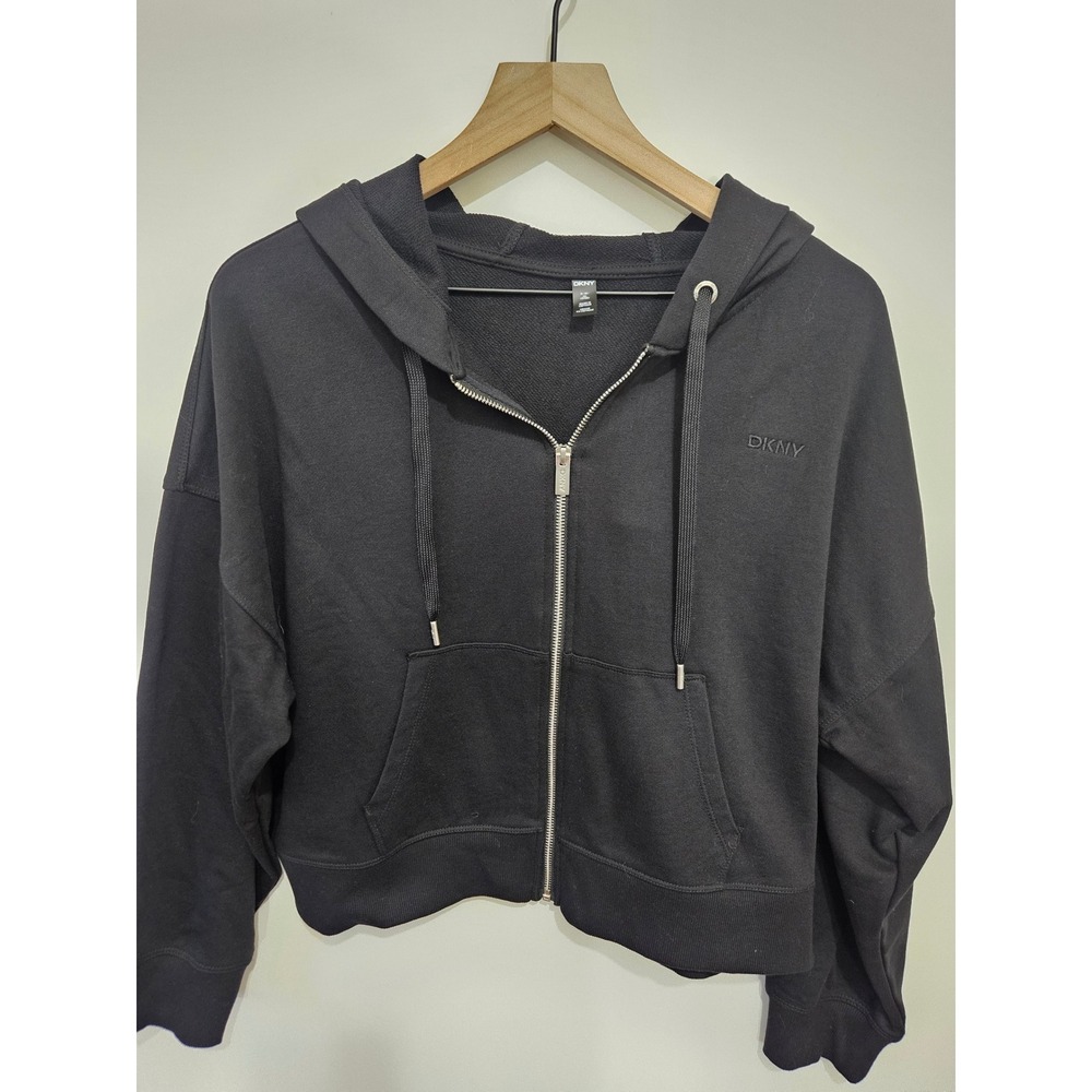 DKNY Womens Black Full Zip Cropped Hoodie Sweatshirt XL French Terry RN54163